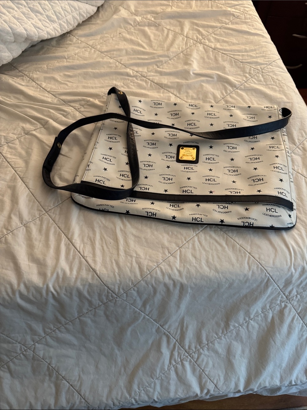 HCL White Messenger Bag with Black Trim and Gold Plate